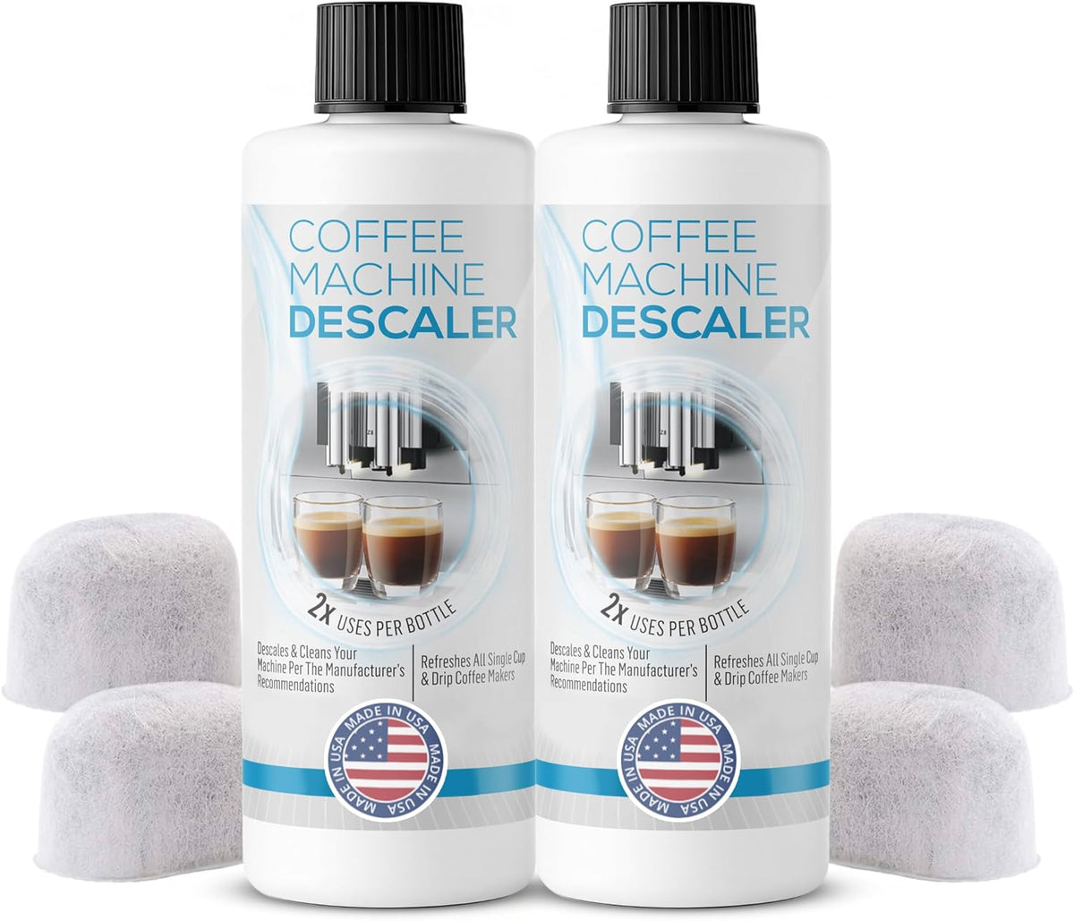 Keurig Compatible Descaling Solution - Descaler Cleaner Concentrate Kit For All 1.0 & 2.0 K-Cup Pod Machines and Espresso Machines - (2 Bottles, 4 Uses Plus 4 Filters)