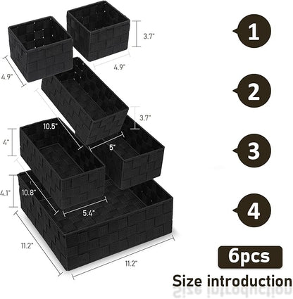 Storage Bins Woven Organizer Set of 6 – Polypropylene Storage Baskets with Metal Frame, Stackable Fabric Boxes for Drawers, Closet, Shelf, Nursery and Office, Black