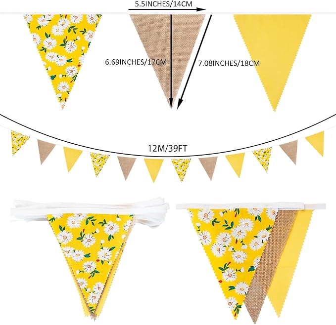 Zwiebeco 39Ft Yellow Daisy Flowers Fabric Pennant Banner Vintage Burlap Triangle Flag Retro Bunting Party Decoration for Birthday Engagement Wedding Bridal Baby Shower Rustic Village Home Garden Décor
