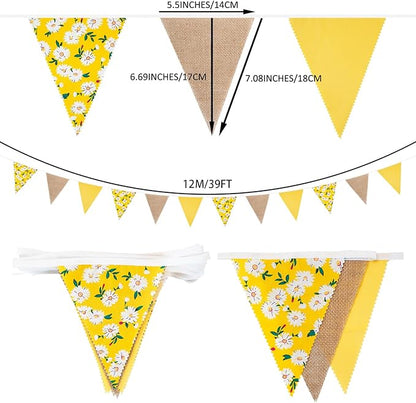 Zwiebeco 39Ft Yellow Daisy Flowers Fabric Pennant Banner Vintage Burlap Triangle Flag Retro Bunting Party Decoration for Birthday Engagement Wedding Bridal Baby Shower Rustic Village Home Garden Décor