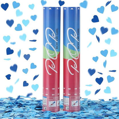 Gender Reveal Confetti Poppers, Blue Confetti Cannon 2 Pack with Heart Shaped Party Confetti for Baby Shower, Birthday, Gender Reveal Party Supplies - 12 inch