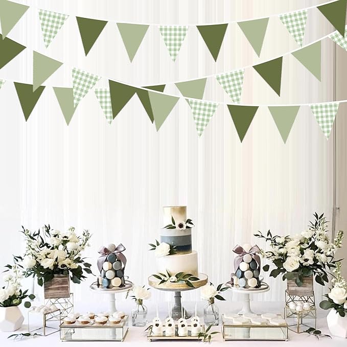 32Ft Sage Green Party Decorations Sage Gingham Banner Olive Green Buffalo Plaid Checkered Triangle Flag Pennant Fabric Garland Streamers for Birthday Baby Shower Wedding Picnic Golf Party Decorations