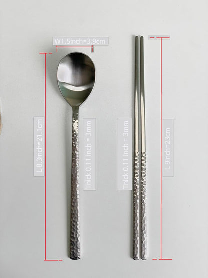 Korean Made Silver Glossy Hammered Stainless Steel Korean Spoon & Chopstick SET Gift for Mom (4SET)