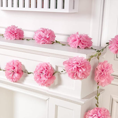 Pink Tissue Paper Flowers Pom Pom Spring Garland （2PCS） Hanging Decor Pink Party Decorations for Women Girls Birthday Bachelorette Baby Shower Wedding Party Supplies