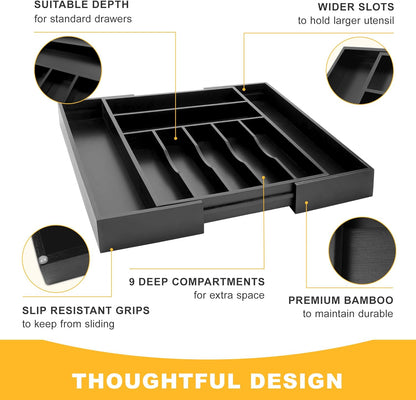 Large Premium Bamboo Silverware Organizer - Expandable Drawer Organizer & Utensil Organizer - 17"x19.7" Cutlery Tray with Dividers for Kitchen Utensils and Flatware (7-9 Slots) (Black)
