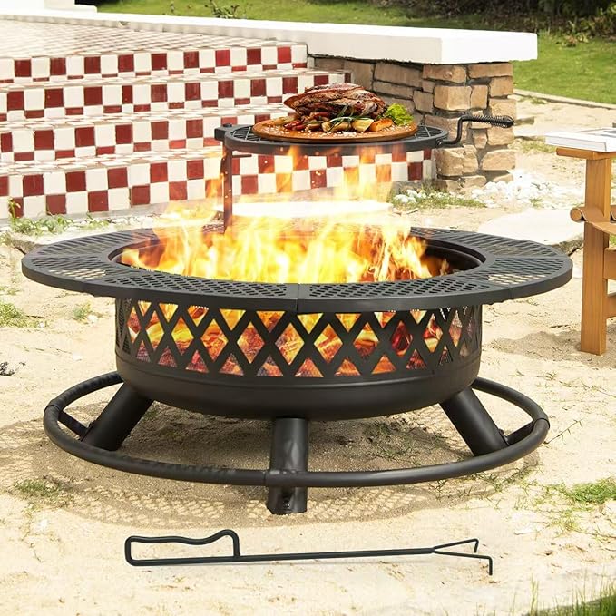 42 Inch Outdoor Fire Pit with Grill, Large Firepit Table for Outside, Metal Round Firepits with Lid&Fire Poker,3 in 1 Wood Burning Fire Pits & Outdoor Fireplaces for Backyard,Patio(42'' Black)