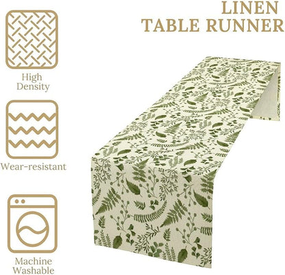 Green Leaves Table Runner,Spring Summer Herbs Botanical Natural Plants Print Table Runner for Kitchen Dining Table Farmhouse Home Party Decor 13x108in