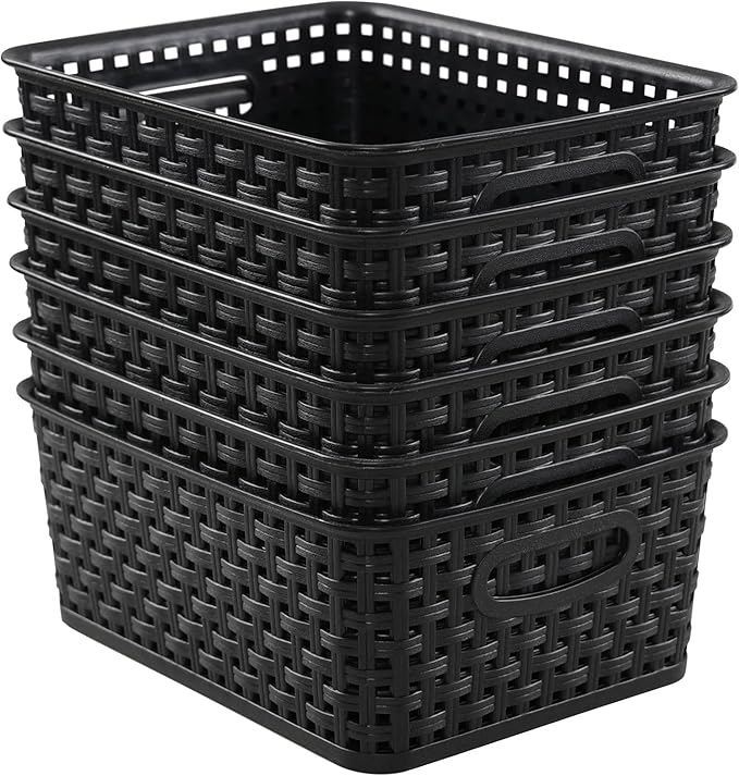 Sandmovie Black Plastic Rattan Storage Baskets, 6 Packs