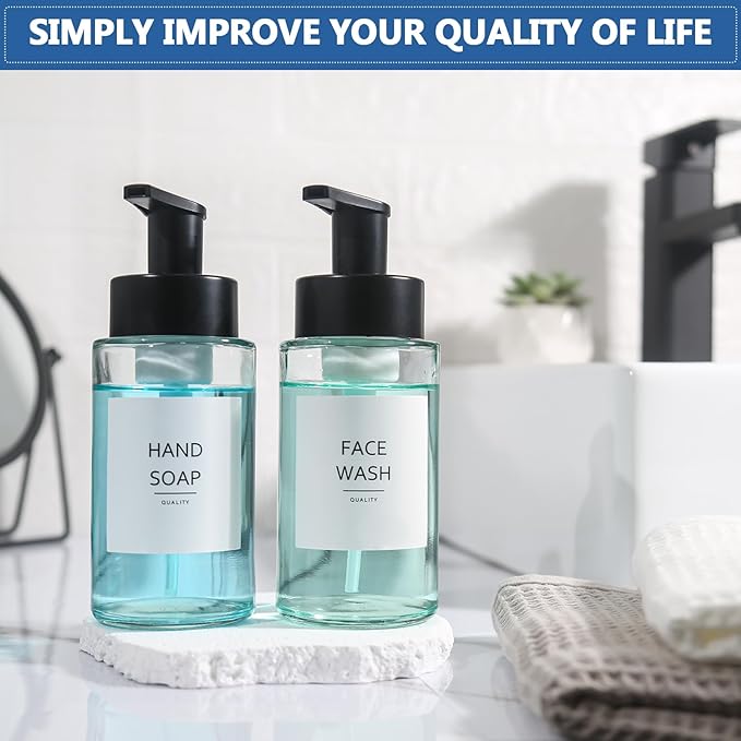 RYTOXILO Foaming Soap Dispenser, 10 oz/300ml Foaming Hand Soap Dispenser, 4 Pack Glass Dispenser for Bathroom & Kitchen, Clear Refillable Foam Dispenser Bottle with Waterproof Labels