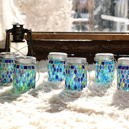 Cooo Mosaic Lanterns Outdoor Waterproof with 215% Larger Solar Panel, Never Rust Lids, True Capacity Battery- Solar Mason Mosaics Jar Lantern for Patio Garden Yard Balcony Hanging or Table (4)