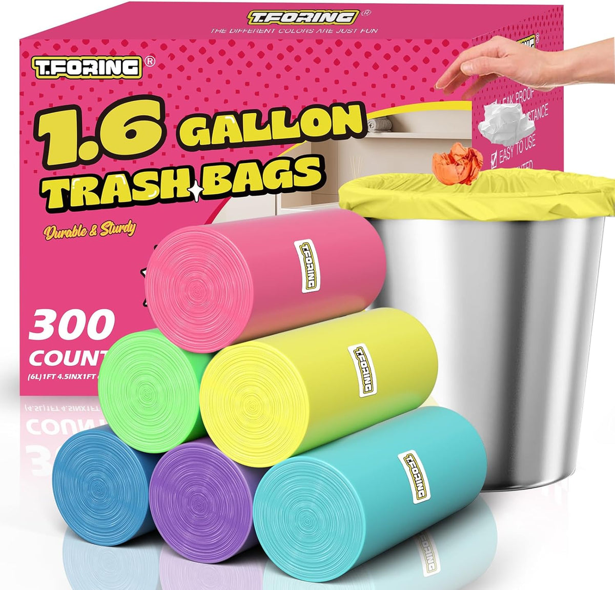 300 Count 1.6 Gallon Mini Trash Bags - 6 Liter Colored Small Garbage Bags Unscented Mini Can Liners Leakproof & Tear Resistant for Bathroom Office Dorm Car