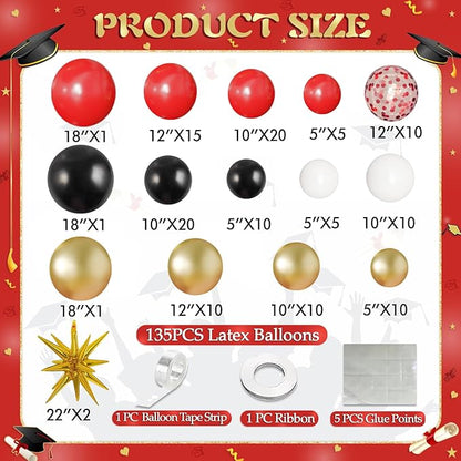 Black Red Gold Balloon Arch Kit Graduation Decorations 2026, 130Pcs Red Gold White Balloons and Foil Star Balloon with Confetti Ribbons Grad Party Decorations for College High School Class of 2026