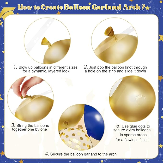 Navy Blue White Gold Balloon Arch Kit, 2026 Graduation Decorations, 130Pcs Blue Gold White Balloons with Foil Star Confetti Balloons for College High School Graduation Decorations Class of 2026