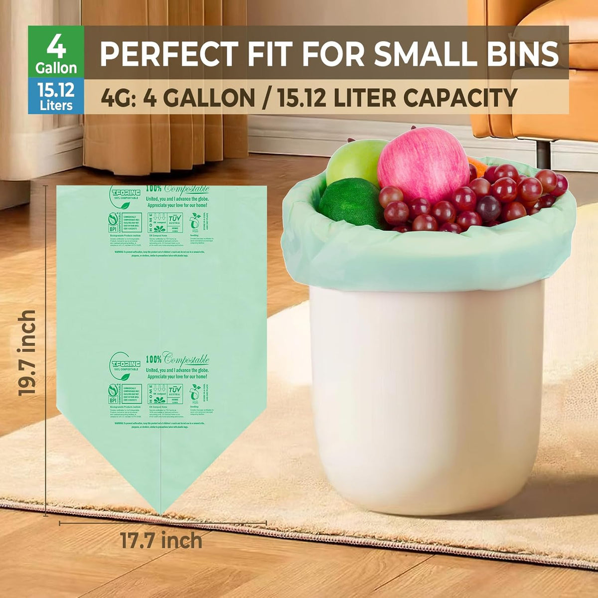 Compostable Trash Bags, 3-4 Gallon, 15 L, Extra Thick 0.8 Mil, Small Kitchen Food Scrap Waste Bags, ASTM D6400, US BPI, 80 Count