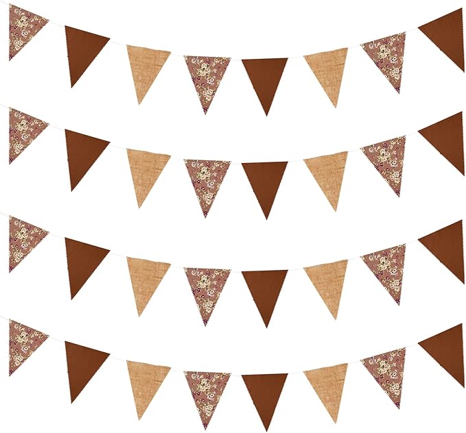 Zwiebeco 39Ft Brown Floral Fabric Pennant Banner Vintage Burlap Triangle Flag Retro Flower Bunting Party Decoration for Birthday Engagement Wedding Bridal Baby Shower Rustic Village Home Garden Decor