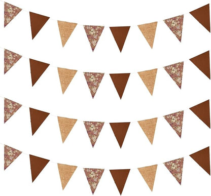 Zwiebeco 39Ft Brown Floral Fabric Pennant Banner Vintage Burlap Triangle Flag Retro Flower Bunting Party Decoration for Birthday Engagement Wedding Bridal Baby Shower Rustic Village Home Garden Decor