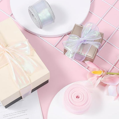 4 Rolls Iridescent Organza Ribbon Sheer 4 Colour Organza Ribbon, Sheer Easter Craft Decorative Ribbons 10 Yards Wired Chiffon Ribbons for Flowers Floral Bouquets Garlands Wedding Gift Wrapping Hair