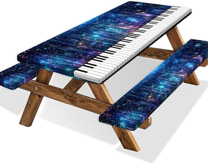 Piano Keyboard Picnic Table Cover with Bench Covers, Camping Essentials, Music Themed Waterproof Windproof, Fitted Tablecloth Cover with Elastic Edge, for Outdoor, Garden, 3 PCS, 30x72 Inch