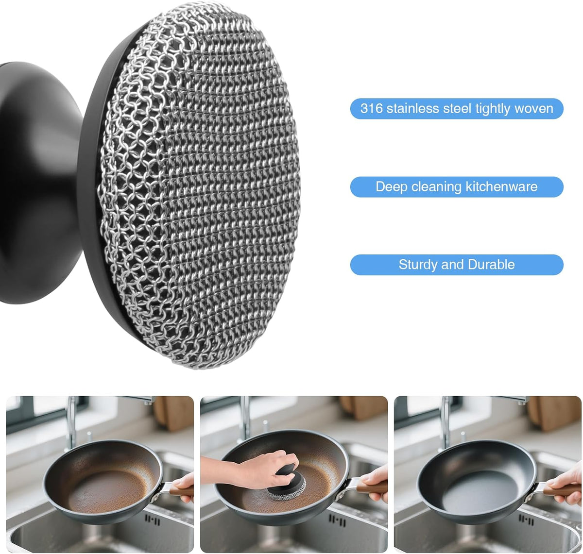 Cast Iron Scrubber Cleaner, Chainmail Scrubber for Cast Iron Pan Skillet, Dish Scouring Pad, Stainless Steel Brush/Scraper for Metal Skillet Scrubbing, Wok, Dutch Oven Cleaning Kit - Thin Mesh