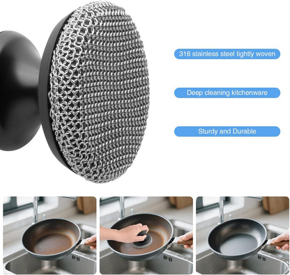 Cast Iron Scrubber Cleaner, Chainmail Scrubber for Cast Iron Pan Skillet, Dish Scouring Pad, Stainless Steel Brush/Scraper for Metal Skillet Scrubbing, Wok, Dutch Oven Cleaning Kit - Thin Mesh