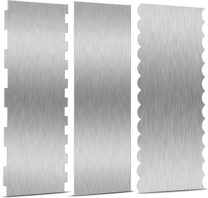 3 Pieces 8.7 Inche Stainless Steel Cake Scraper，Double Sided Patterned Edge Stripe Edge Smoother Scraper Cake Decorating，Cake Decorating Comb Cake