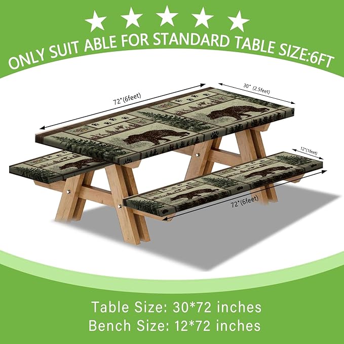 JAWO Picnic Table Cover with Bench Covers Rustic Bear Pattern Waterproof Windproof Fitted Outdoor Patio Camping Rectangle Tablecloth 72x30 Inch Elastic Edges