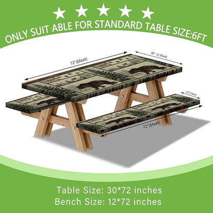 JAWO Picnic Table Cover with Bench Covers Rustic Bear Pattern Waterproof Windproof Fitted Outdoor Patio Camping Rectangle Tablecloth 72x30 Inch Elastic Edges