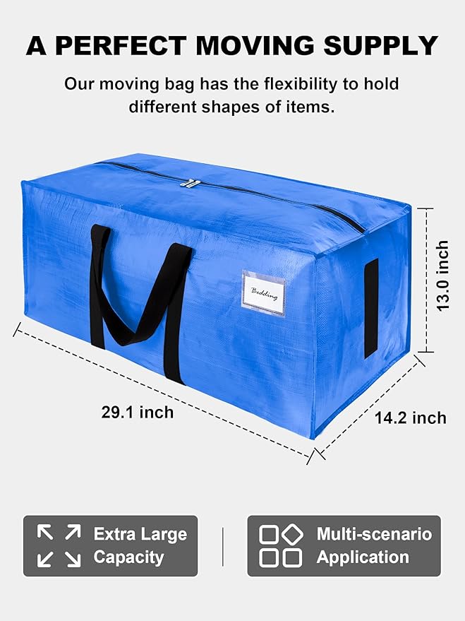 HOMESURE 4 Pack Large Strong Moving Bags with Zippers & Carrying Handles - Water-Resistant - Heavy Duty Storage Tote for Space Saving, Fold Flat, Alternative to Moving Box (Sky Blue)