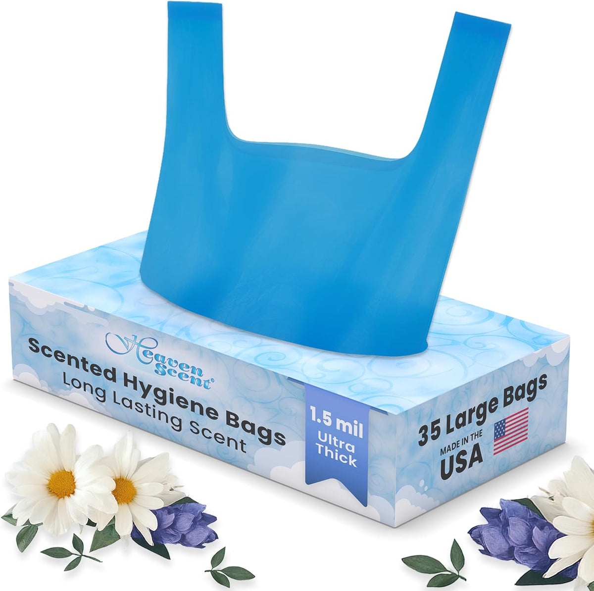 Heaven Scent Hygiene Bags 1.5MIL ULTRA-THICK Discreet Waste Disposal | Made in the USA | Mild Baby Powder Scented Trash Bags for Adult Briefs & Feminine Products - Large, 35 Bags