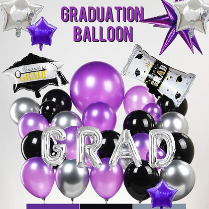 Black dark purple and Silver Balloon Garland Arch Kit 130Pcs with dark purple and Silver Stars, Graduation Certificate Graduation Cap GRAD Letters Mylar Balloons for 2025 kpop Prom Decorations