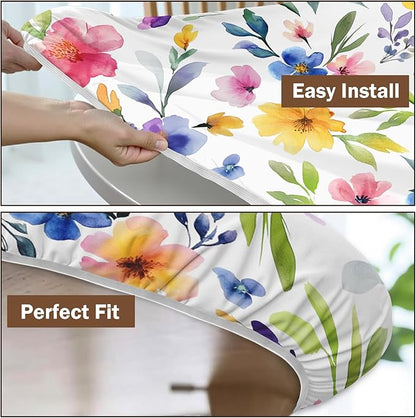 Spring Summer Floral Round Fitted Tablecloth with Elastic Watercolor Flower Outdoor Circle Table Cloth for 48-52" Tables Colorful Stretch Waterproof Washable Table Cover for Picnic Dining Party Decor