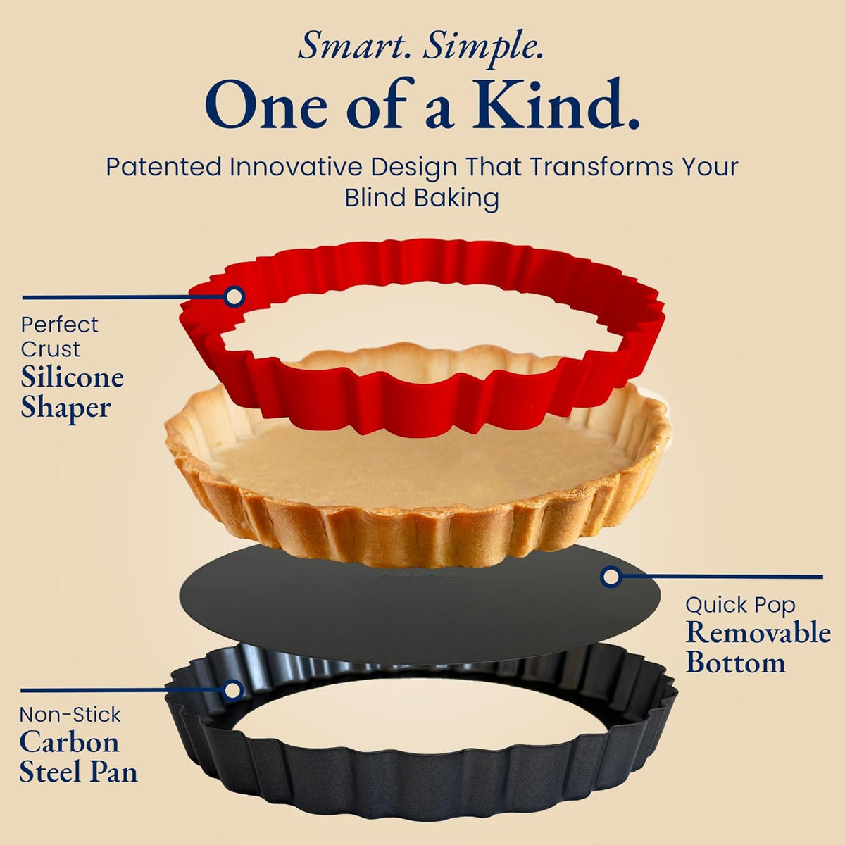 Patz&Patz Fluted Tart Pan 9 Inch Removable Bottom with Patented Silicone Crust Shaper, Nonstick Carbon Steel Quiche Baking Dish