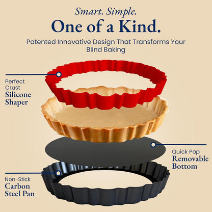 Patz&Patz Fluted Tart Pan 9 Inch Removable Bottom with Patented Silicone Crust Shaper, Nonstick Carbon Steel Quiche Baking Dish