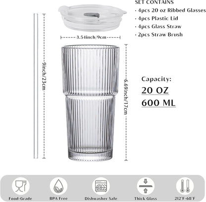 Insetlan 20 oz Ribbed Glass Tumblers with Lids and Glass Straws – 4-Piece Glassware Set, Thickened Glass, Ideal for Iced Coffee, Smoothies, Cocktails