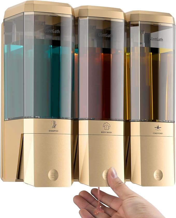 Shampoo and Conditioner Dispenser,Shower Dispenser 3 Chamber No Drill Shampoo Dispenser for Shower Wall Mounted Shower Soap Dispenser for Bathroom Hotel,Large Capacity 3 * 500ML,Gold