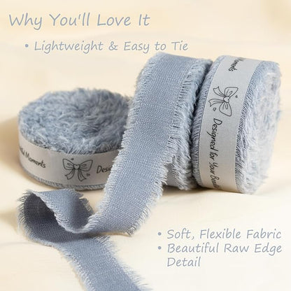 Dusty Blue Cotton Ribbon 5/8 Inch Dusty Blue 3 Rolls 21 Yards Frayed Edge Fabric Set for Wedding Decor, Bridal Bouquet Wrap, Graduation Party, Gift Wrapping & Spring Wedding