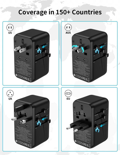MOMAX Universal Travel Adapter, 100W Fast GaN International Power Adapter, 2PD USB-C+2QC USB-A Travel Adapter, US, UK, EU, AU Travel Adapter Worldwide for Laptops, Tablets, Phones, Vision Pro