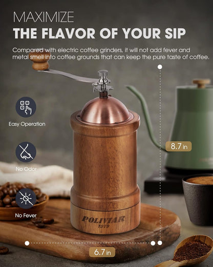 Poliviar Manual Coffee Grinder, Coffee Bean Grinder with Adjustable Ceramic Burr, Vintage Style Wooden Hand Coffee Grinder