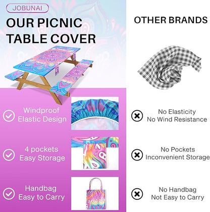 3 Piece Picnic Table Cover with Bench Covers 72x30In Fitted Elastic Heavy Duty Camping Table Cloths Camp Motorhome Gear Garden Festival Stuff Road Trip Outdoors Must Haves Gifts for Mom Dad