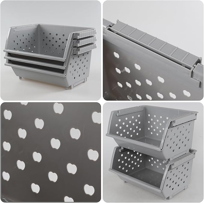 3 Pack Large Open Front Stacking Storage Bins, Plastic Stackable Basket , Gray