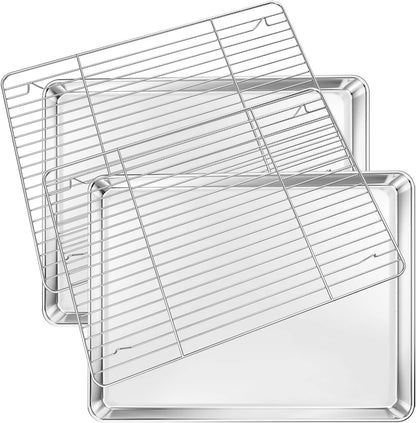 Deedro Baking Sheet with Rack Set [2 Sheets + 2 Racks], Stainless Steel Baking Pan Cookie Sheets Oven Tray with Cooling Rack, 16 x 12 x 1 Inch