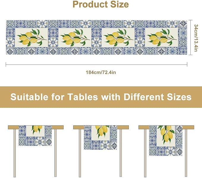 Yellow Lemon Table Runner, Blue Tiles Summer Holiday Tasty Fruit Healthy Fruit Vintage Watercolor Rustic Botanic Table Cover for Party Picnic Dining Room Kitchen, 13x70inch