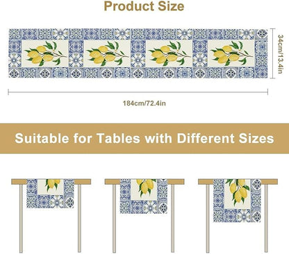 Yellow Lemon Table Runner, Blue Tiles Summer Holiday Tasty Fruit Healthy Fruit Vintage Watercolor Rustic Botanic Table Cover for Party Picnic Dining Room Kitchen, 13x70inch