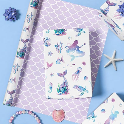 WERNNSAI Mermaid Wrapping Paper - 1 Roll 17”x 33 ft Colorful Mermaid Scale Gift Wrap Purple Princess Gift Wrapping for Girls Birthday Baby Shower Party Favor Reversible Iridescent Scales Design
