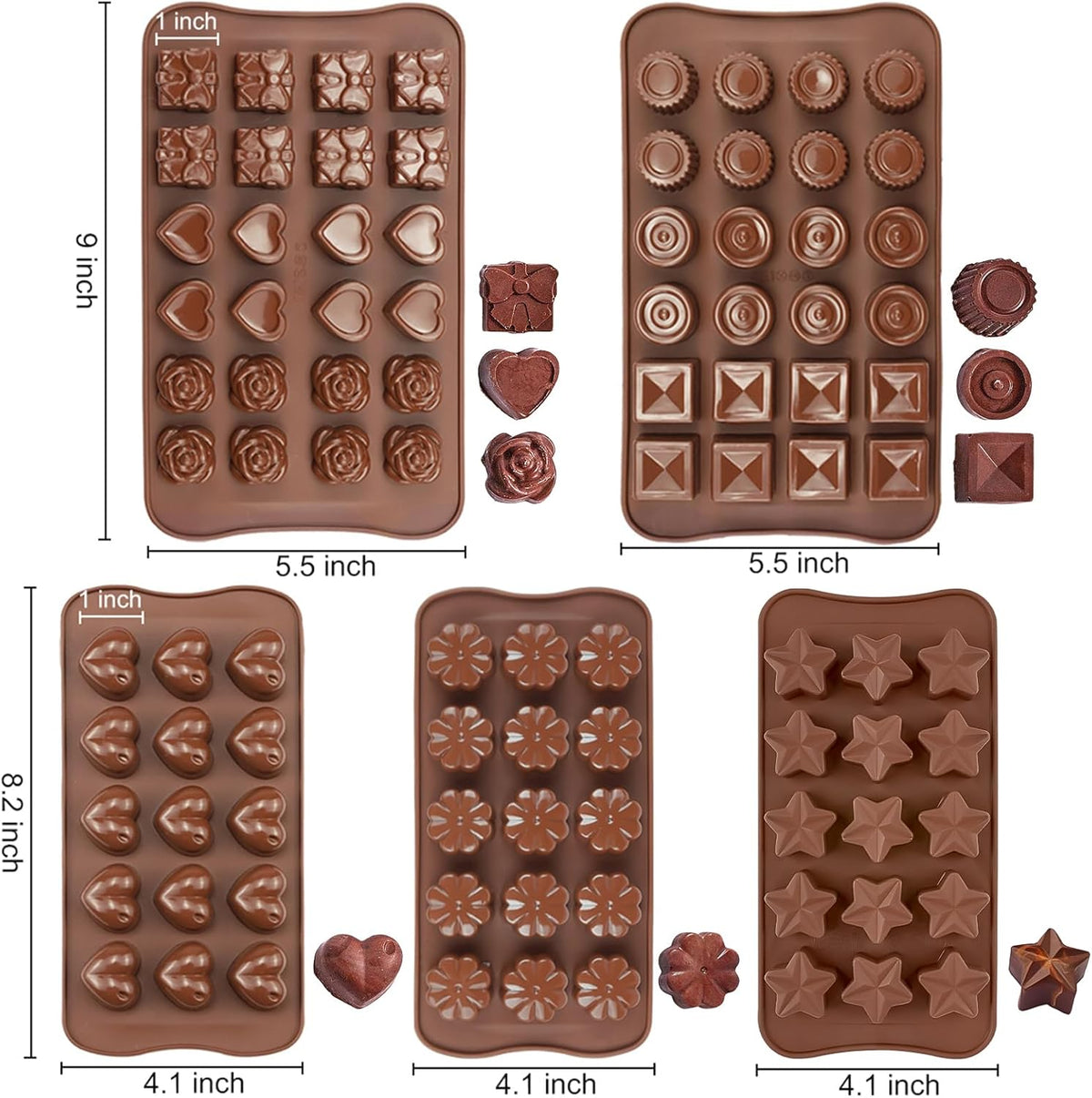 Joersh 5PCS Silicone Chocolate Molds for Candy, Fat Bombs Snacks & Truffles, 9 Shapes 93 Cavities Candle Soap Wax Melts Mold (Square, Round, Heart
