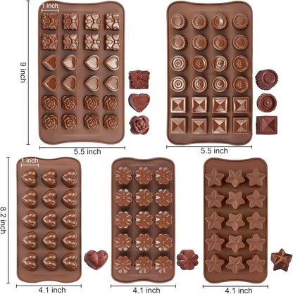 Joersh 5PCS Silicone Chocolate Molds for Candy, Fat Bombs Snacks & Truffles, 9 Shapes 93 Cavities Candle Soap Wax Melts Mold (Square, Round, Heart