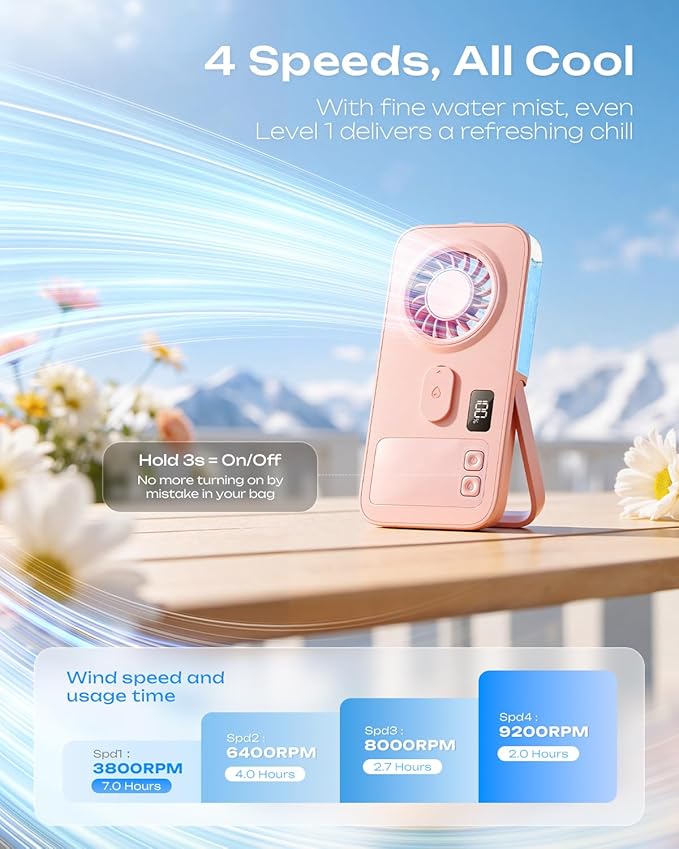 Otlonpe Mini Portable Handheld Misting Fan Hand Held Rechargeable Portable Fan with Mist 4-Speed LED Display Slim Foldable Small Personal Cooling Water Spray Mister Fans for Travel Women Kids (Pink)