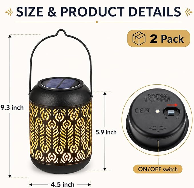 LeiDrail Solar Lantern Outdoor Hanging Lanterns Garden Metal Decorative Light Warm White LED Waterproof Landscape Lighting for Table Pathway Party Yard - 2 Pack