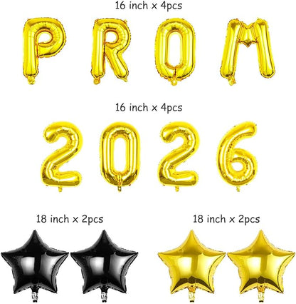 Prom 2026 Balloons Decorations, 16 Inch Foil Letter Number Balloons with 18 Inch Black Gold Star Balloons for High School College Graduation Gift Retirement Ins Photo Party Supplies