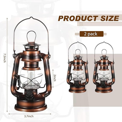 Hortsun 2 Pcs 8 Inch Vintage LED Hurricane Lantern Warm LEDs and Dimmer Switch Battery Operated Farmers Hanging Lantern for Indoor Outdoor Camping Usage Decor
